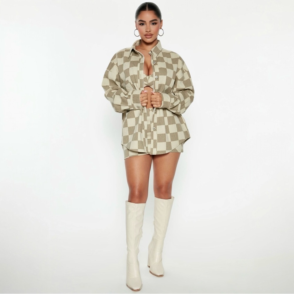 Fashion Nova Beige & Cream Checkerboard Skirt Set